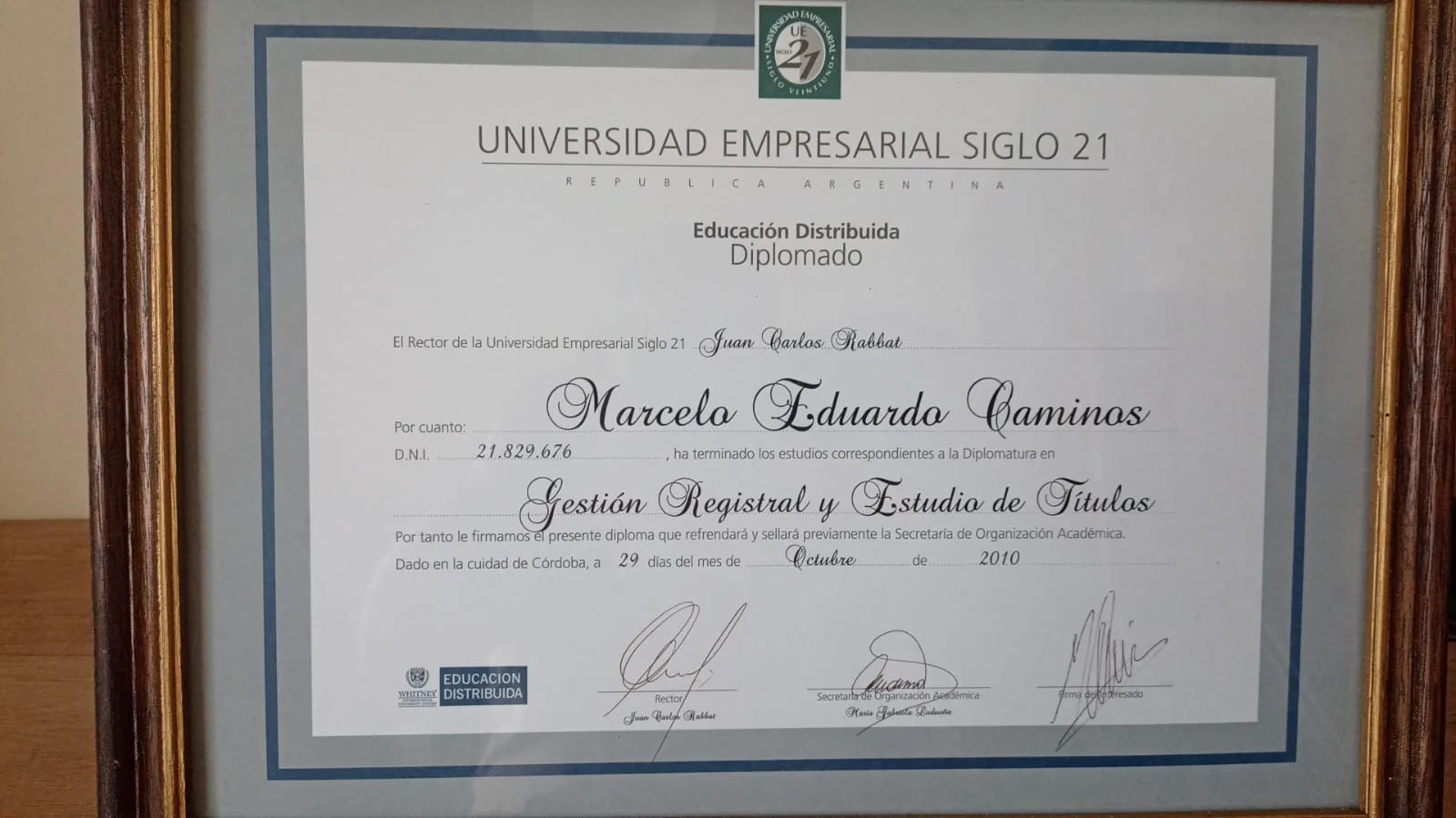 Certificado profesional de Marcelo Caminos